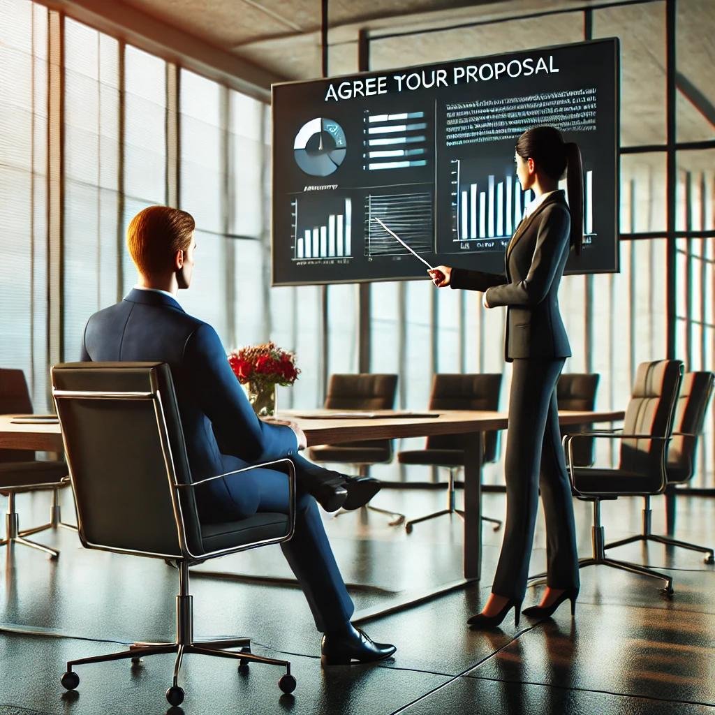 Uma imagem realista de uma reunião de negócios em um escritório moderno, onde um profissional está usando técnicas de persuasão para negociar um acordo. A cena inclui uma mesa de conferência, documentos e laptops, com uma pessoa gesticulando confiantemente enquanto os outros participantes escutam atentamente. A atmosfera transmite foco e a importância da comunicação para alcançar uma negociação bem-sucedida.