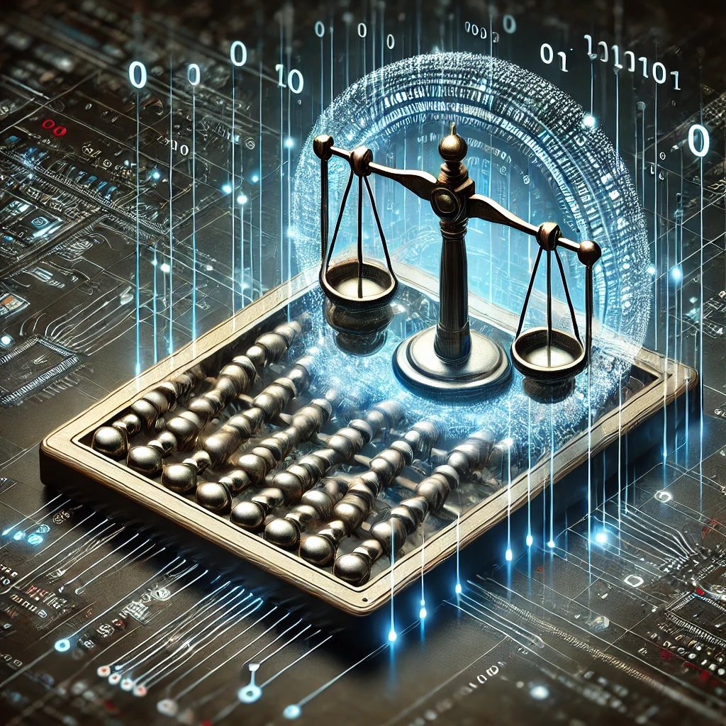A imagem foi gerada com o símbolo da contabilidade integrado a elementos tecnológicos avançados que representam a inteligência artificial.